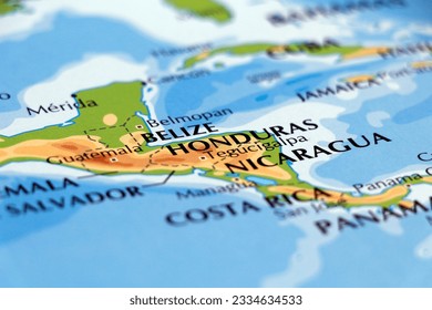 world map of south american coastal side and nicaragua, honduras, belize in close up focus