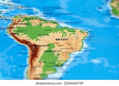 world map of south american countries and brazil, colombia, peru in close up focus - Shutterstock ID 2334634739