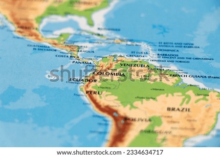 world map of south american countries and colombia, venezuela, ecuador, panama in close up focus