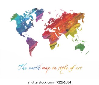 The world map in style of art. Multi-colored tones. Isolated on a white background