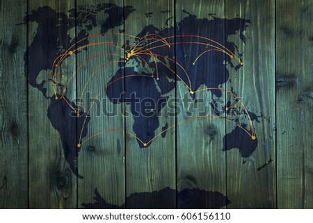 world map with telecommunications on a wooden texture