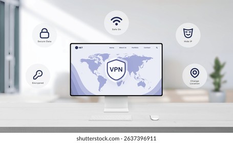 World map with VPN shield and floating icons showing encrypted, safe connection, hidden IP, secure data and virtual location change. - Powered by Shutterstock - Get 15% off with code: PIKWIZARD15
