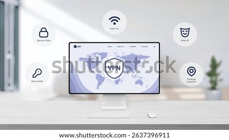 World map with VPN shield and floating icons showing encrypted, safe connection, hidden IP, secure data and virtual location change.