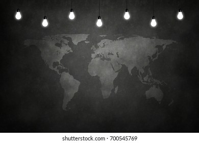 World maps on chalkboard in empty room with bulb lights lamp. Concept business, drawing, ideas