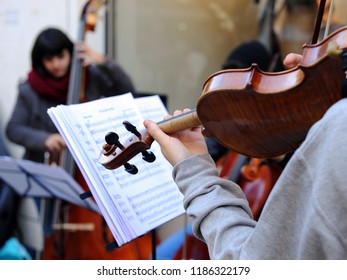 World music day, young musicians playing string instruments on the street