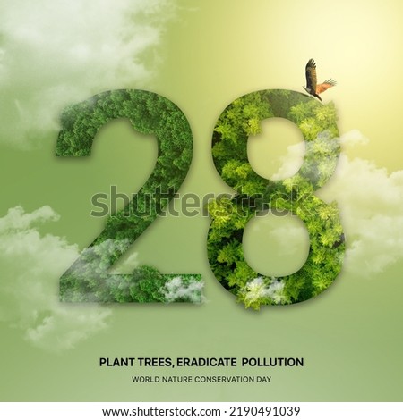 World Nature Conservation Day. Importance of protecting nature. 28 number constructed with leaf and forest