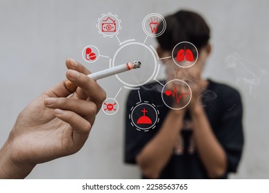 World No Tobacco Day Concept Stop Smoking.Smoker is holding smoking cigarette in hand with cigarette effect icon. - Powered by Shutterstock