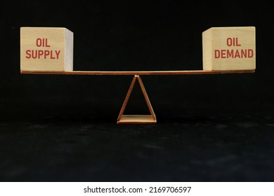 World Oil Supply And Demand Balance, Crisis, Price Stability Concept. Oil Supply Versus Demand On Seesaw In Dark Black Background.