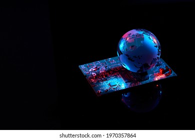  World on Circuit board. electronic printed circuit board with technology style and sci-fi concept