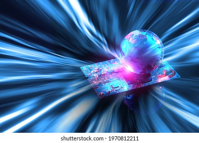  World on Circuit board. electronic printed circuit board with technology style and sci-fi concept