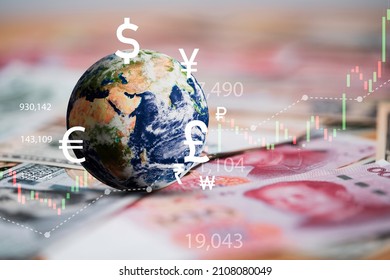 World on international banknotes with currency sign include dollar euro yen yuan pound sterling for money transfer and trade forex concept ,Element of this image from NASA and 3d render.