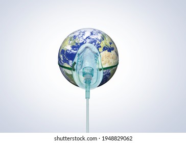 World oxygen concept. Earth with oxygen mask concept of environment crisis. World oxygen crisis after coronavirus strain. World infected by coronavirus is receiving ventilation. Earth day concept.