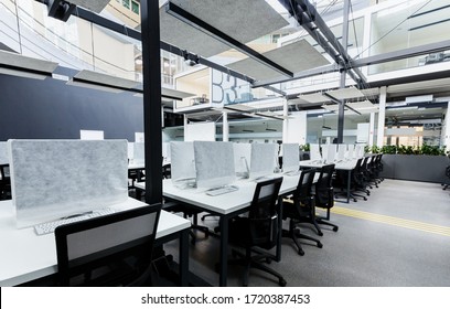 World Pandemic, Remote Work. Light Modern Open Space Office With Computers, No People