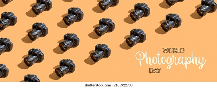 World Photography Day text and camera on colored background. banner format. - Shutterstock ID 2185922783