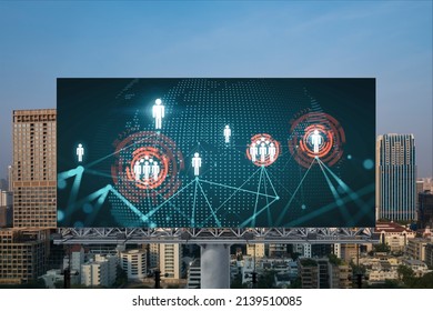 World planet Earth map hologram of social media icons over sunset panoramic cityscape of Bangkok, Southeast Asia. The concept of people connections.