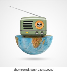 world radio day and an antique radio receptor on a  world on white background, with a retro effect, creative, concept, social communication advertising, Vintage Radio the receiver musical, celebrities