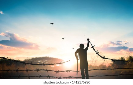 World Refugee Day Concept: Broken Barbed Wire