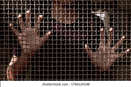 World Refugee Day, Woman Hand Holding On Chain Link Fence ,human Rights Concept.