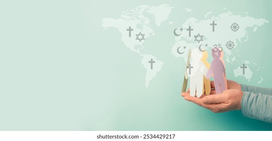 World religion day, people with symbols of different religious belief, Christianity, Islam, Hinduism, Buddhism, Judaism faith, worldwide celebration - Powered by Shutterstock