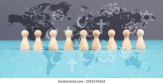 World religion day, people with symbols of different religious belief, Christianity, Islam, Hinduism, Buddhism, Judaism faith, worldwide celebration - Powered by Shutterstock