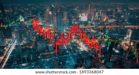 World stock graph has down from virus corona outbreak. COVID-19 shurtdown world business economy concept. Digit number on city background.