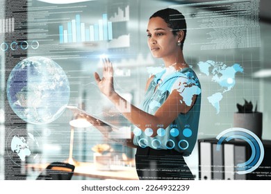 World, tablet and overlay with a business black woman using an ai or ux interface to access the metaverse of data. Digital, future and information with a global network working on a 3d hologram - Powered by Shutterstock