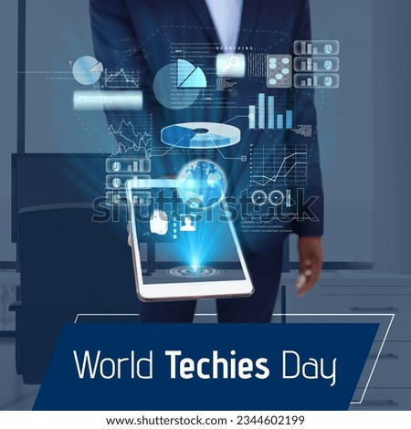 World techies day text with data interface screen over african america businessman holding tablet. Global celebration campaign promoting importance of technology in society, digitally generated image.