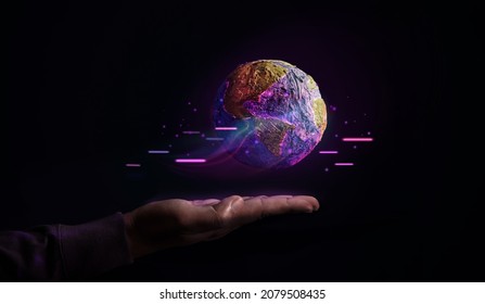 World Technology Concepts. Global Network and Data Exchange. Worldwide Business. Telecommunication, Finance and Internet of Things. Gesture Hand Levitating Globe