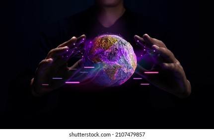 World Technology Concepts. Global Network and Data Exchange. Worldwide Business. Telecommunication, Finance and Internet of Things. Gesture Hand Levitating Globe