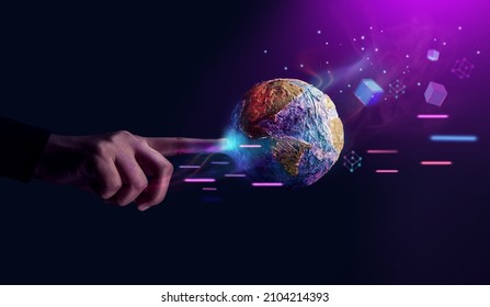 World Technology Concepts. Metaverse, Web3 And Blockchain. Global Network And Data Exchange. Worldwide Business. Hand Touching To Interact With The Globe