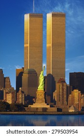 World Trade Center Behind Statue Of Liberty