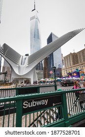 The World Trade Center In Lower Manhattan And Oculus. Detailed Architecture Background Taken Of The One World Trade Centre Transport Hub. New York, USA - October 09 2018.