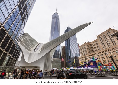 The World Trade Center In Lower Manhattan And Oculus. Detailed Architecture Background Taken Of The One World Trade Centre Transport Hub. New York, USA - October 09 2018.