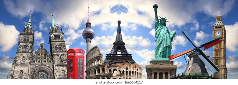 World Travel Collage. World Landmarks Grouped Together: New York, London, Berlin And Rome.