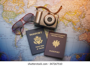 World Travel With Passports,sun Glasses And Camera