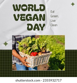 World vegan day and eat green, live clean text and african american man carrying vegetables in crate. Composite, farm, veganism, organic, food, healthy, support and celebration concept. - Powered by Shutterstock