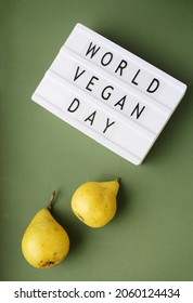 World Vegan Day Greeting Card. Vertical Orientation. Fresh Pears Fruits 