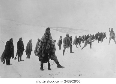 World War 1. Austrian Troops Advancing In The Carpathians Mountains In The Winter Of 1914-15.