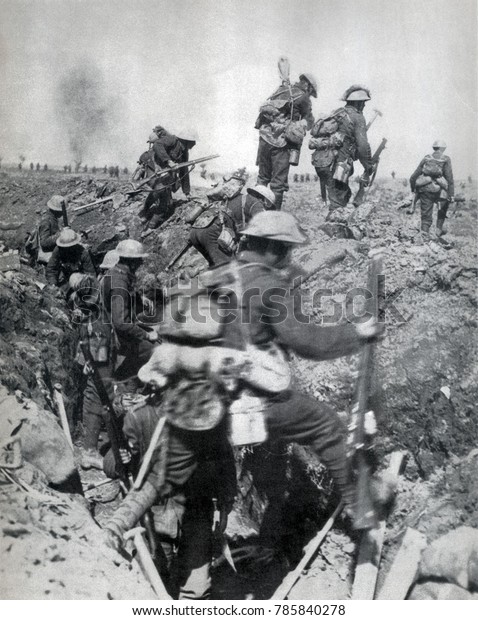 World War 1. Battle of Arras (April 9-12, 1917). The\
second wave of British infantry leaves their trenches. The battle\
was planned to draw German forces away from the Nivelle Offensive,\
80 miles to th