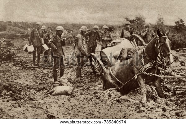 World War 1. British horse sunk to his haunches in\
the clinging mud of Flanders, during one of the five Battles of\
Ypres. This coastal region became a mud quagmire in each Fall. In\
1914, 1917, and 191