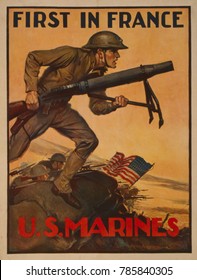 World War 1. First In France--U.S. Marines. 1917 Recruiting Poster Showing A Marine Carrying A Mortar Into Combat. A Symbolic Group Of Marines Arrived In France In July 1917, But Most American Soldier