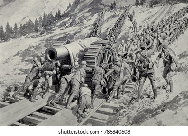 World War 1 in the Italian and Austria Alps. Italian soldiers hauling a monster gun up the Alpine slope in the winter campaign 1915-16.