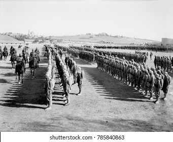 World War 1 In The Middle East. Turkish Commander Cemal Pasha And German Chief Of Staff, Kress Von Kressenstein, Review Ottoman Empire Troops In Jerusalem. 1917