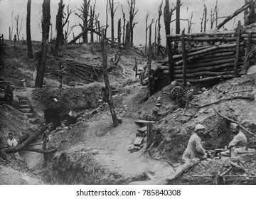 World War 1. Somme Offensive. A few Allied soldiers (probably French) soldiers occupy entrenchments and dugout bunkers in the shell blasted wood called Des Fermes in the Somme. Ca. 1916.