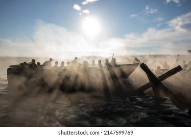 World War 2 reenactment (D-day). Creative decoration with toy soldiers, landing crafts and hedgehogs. Battle scene of Normandy landing on June 6, 1944. Selective focus