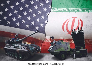 World War 3 Illustration Concept With Tank & Missile Carrier Standing In USA & Iran Flags Background