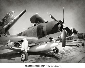 World War II Era Fighter Planes In Stained Old Photo