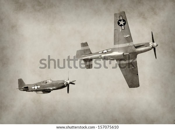 World War II fighter\
airplanes in flight