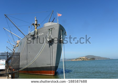World War II Liberty ship SS Jeremiah O'Brien and Alcatraz Island, in Fisherman's Wharf, San Francisco, California CA, USA