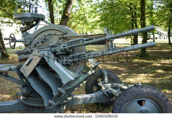 World War Two Anti-Aircraft Gun seen at military\
park in Orastie, Romania